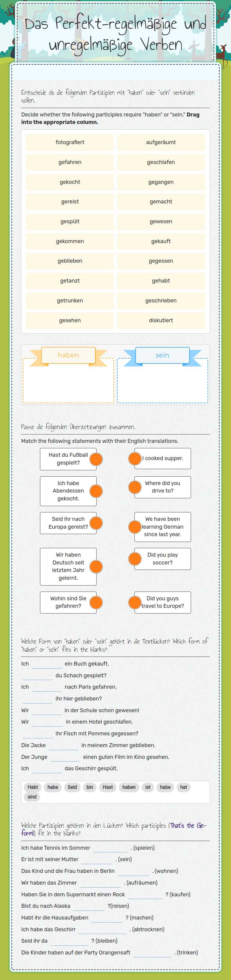 Das Perfekt-regelmäßige und unregelmäßige Verben worksheet preview image