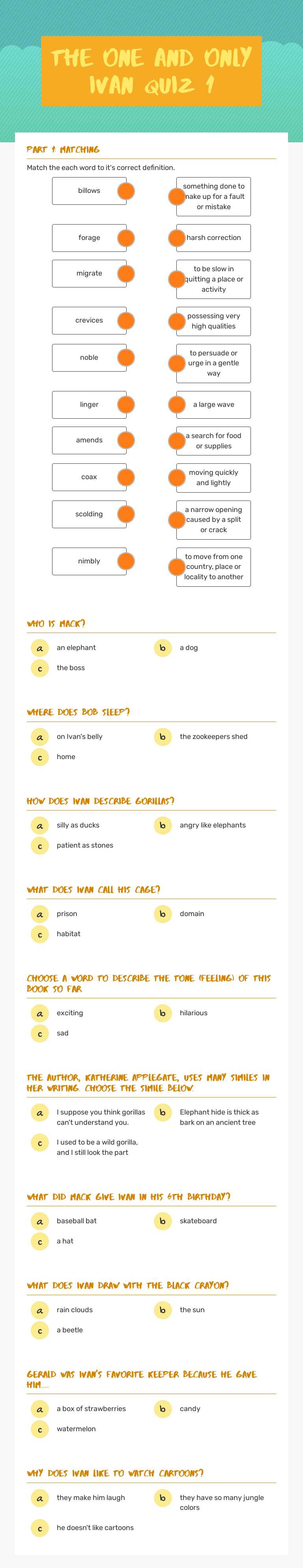 The One and only ivan Quiz 1 worksheet preview image