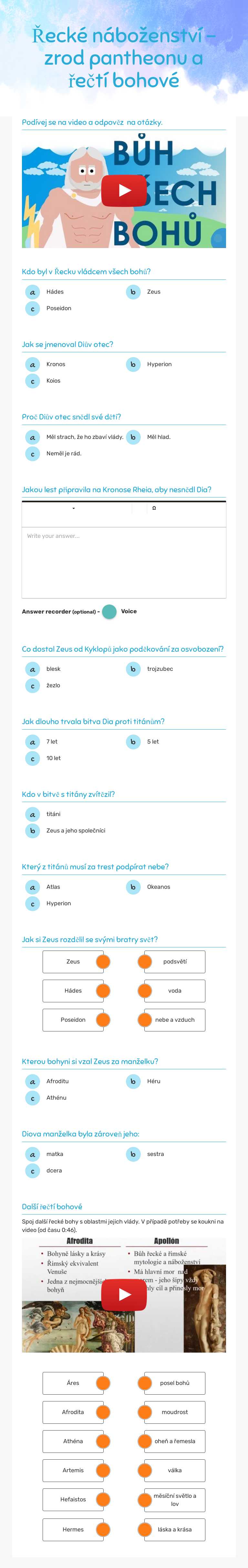 Řecké náboženství - zrod pantheonu a řečtí bohové worksheet preview image