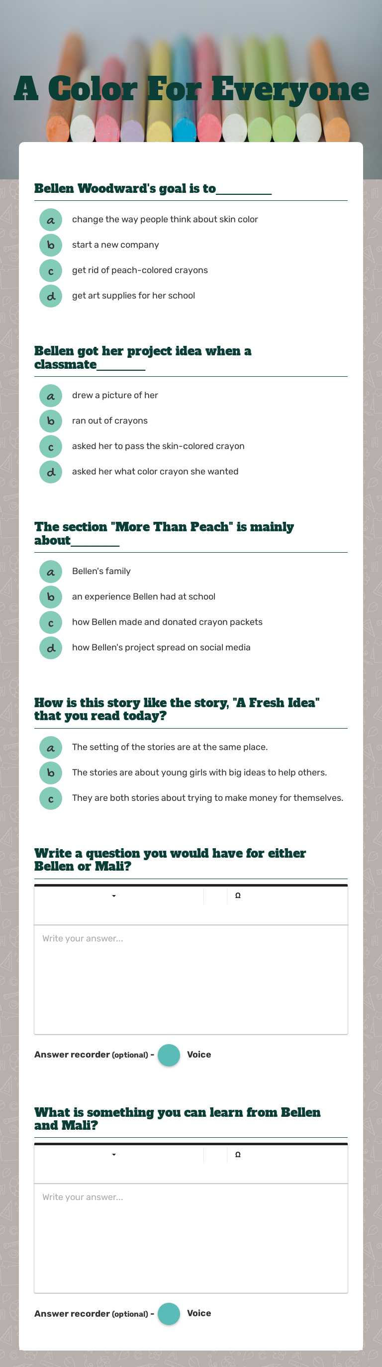 A Color For Everyone Grade 5 worksheet preview