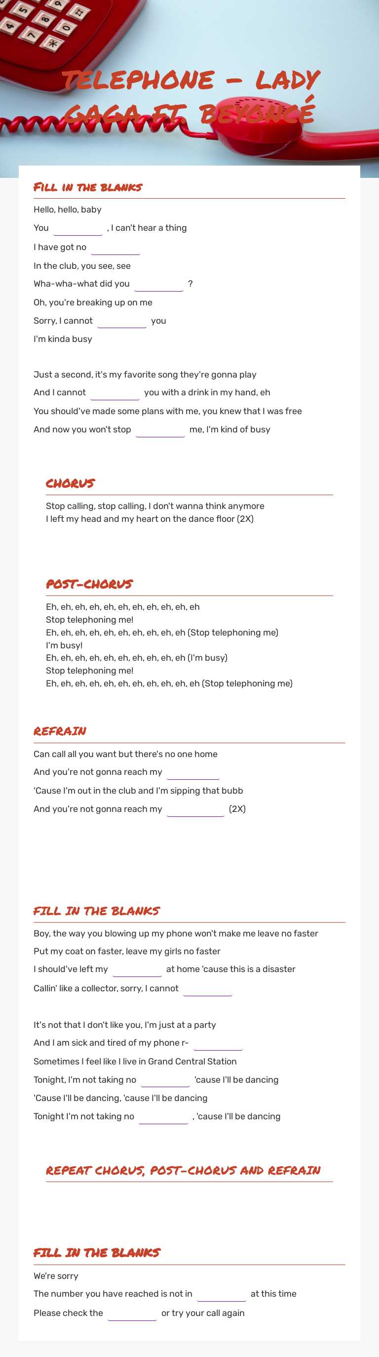 telephone - lady gaga ft. beyoncé worksheet preview image