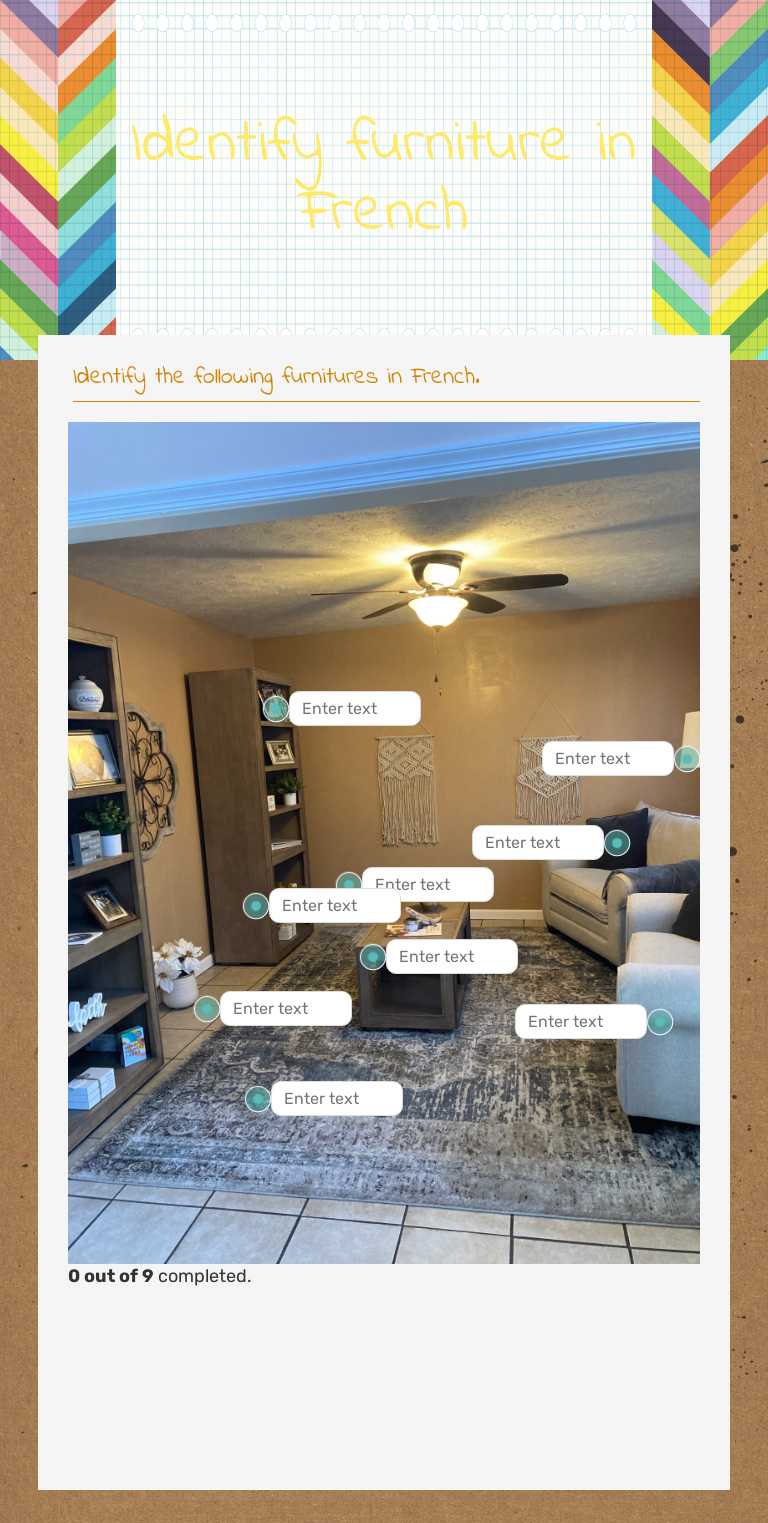 Identify furniture in French worksheet preview image