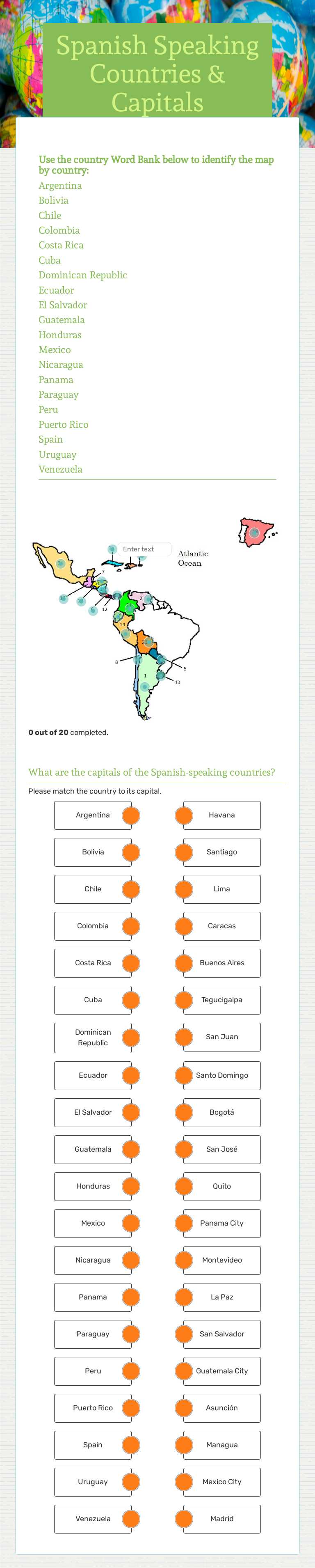 Spanish Speaking Countries & Capitals worksheet preview image