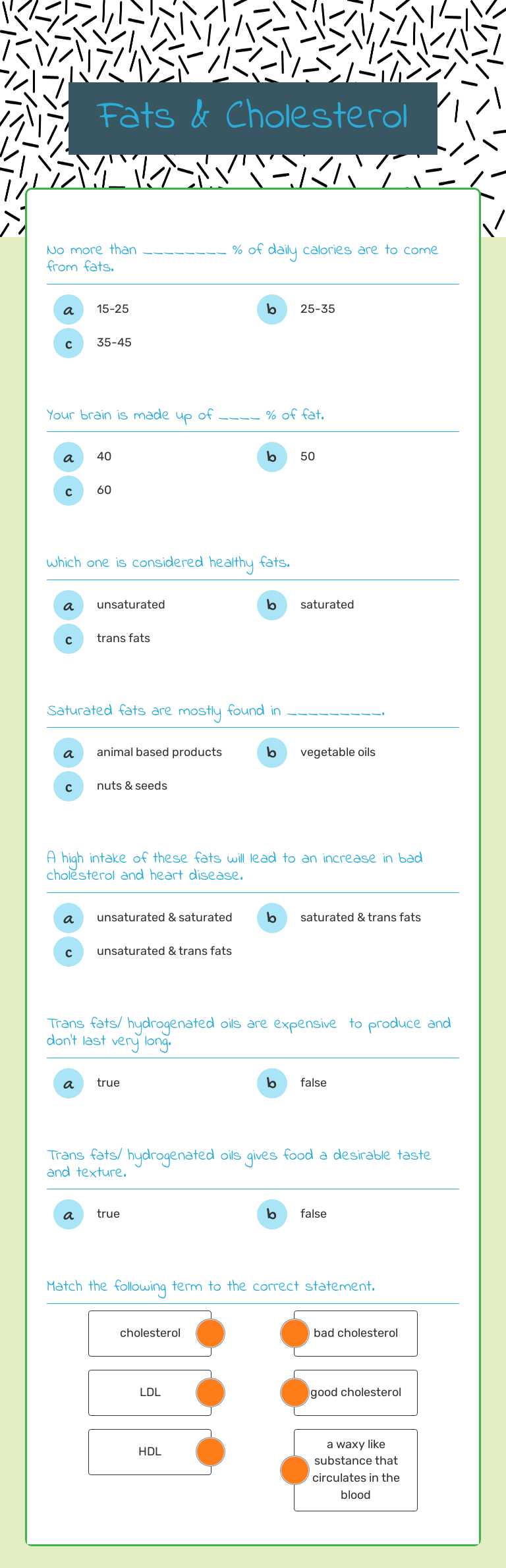 Fats & Cholesterol Grade 9 worksheet preview