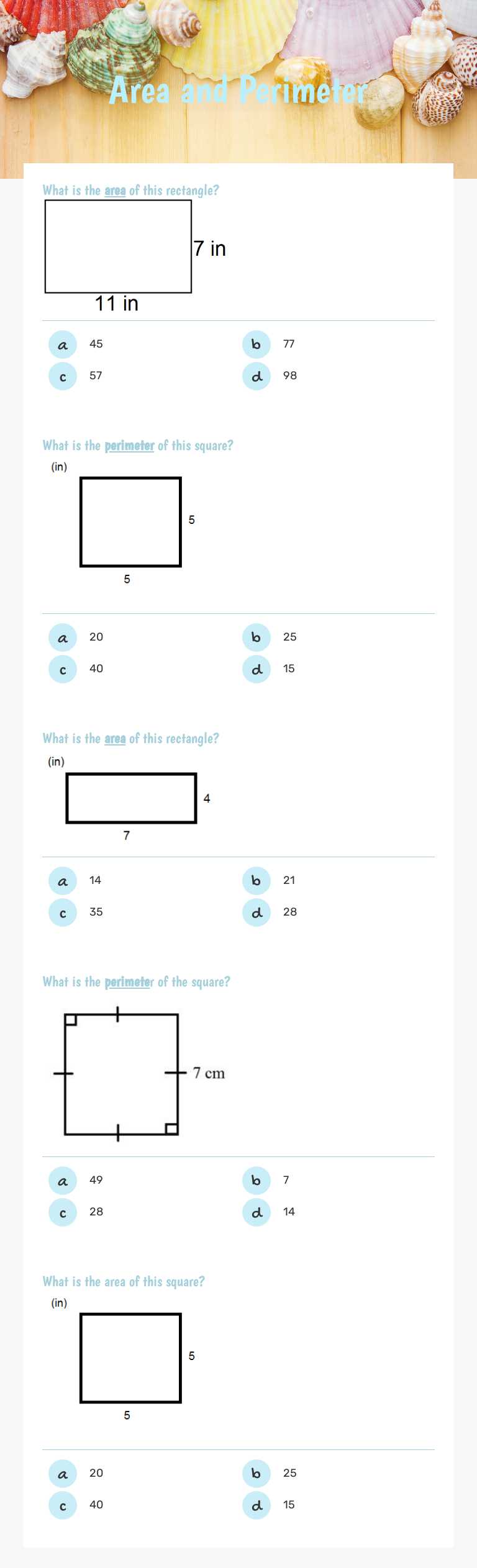 Area and Perimeter Grade 4 worksheet preview