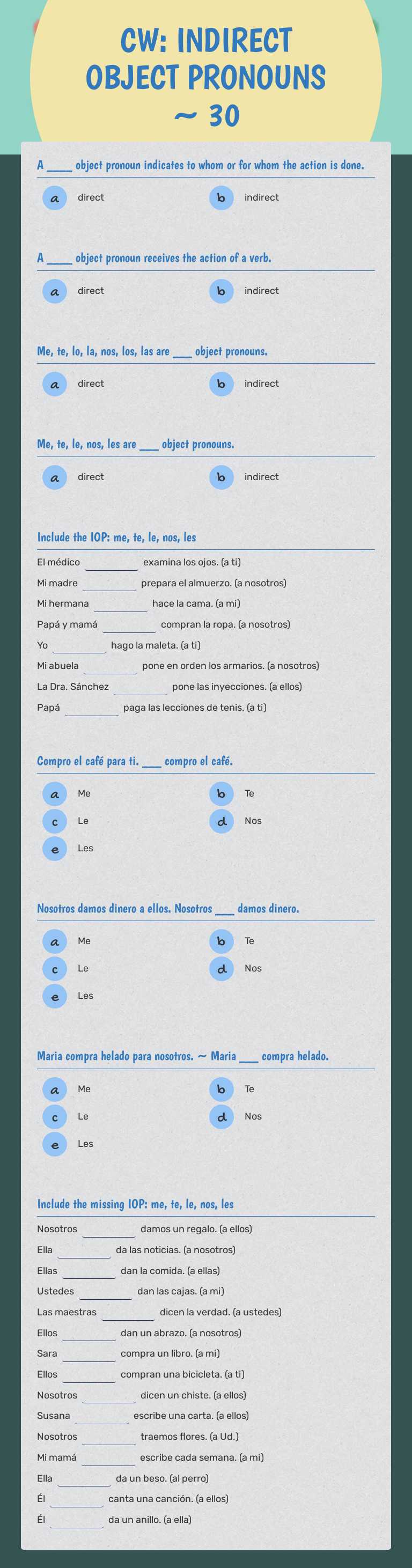 CW: INDIRECT OBJECT PRONOUNS ~ 30 worksheet preview image
