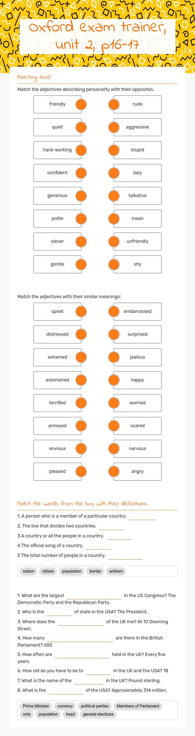 Oxford exam trainer, unit 2, p16-17 worksheet preview image
