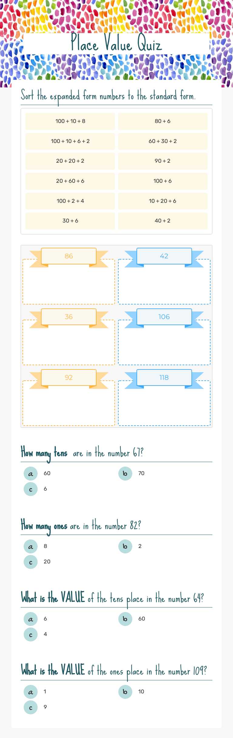Place Value Quiz Grade 2 worksheet preview