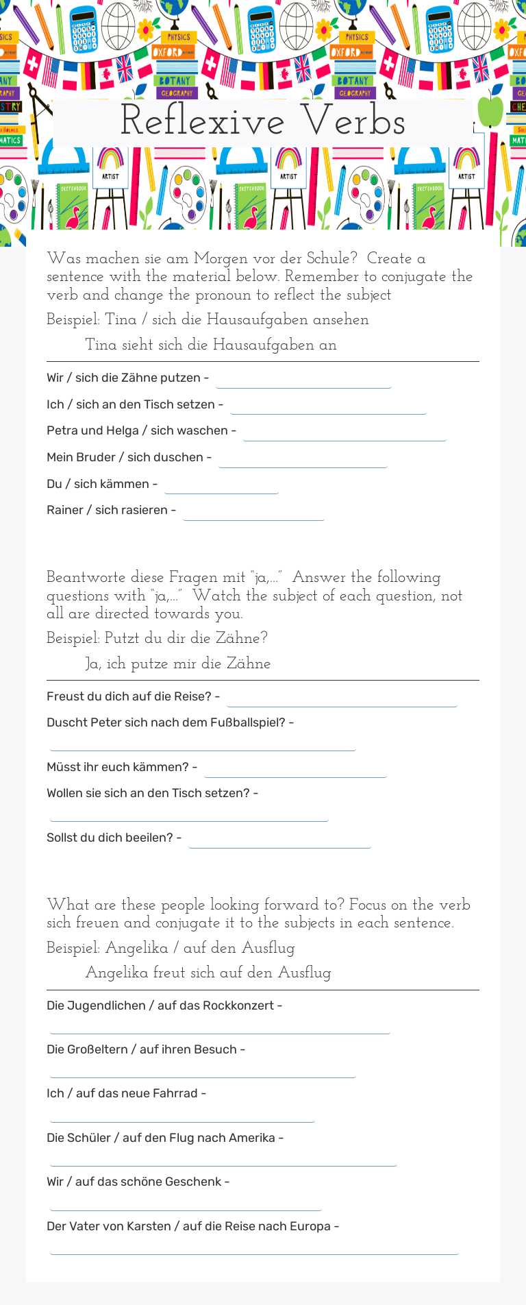Reflexive Verbs worksheet preview image