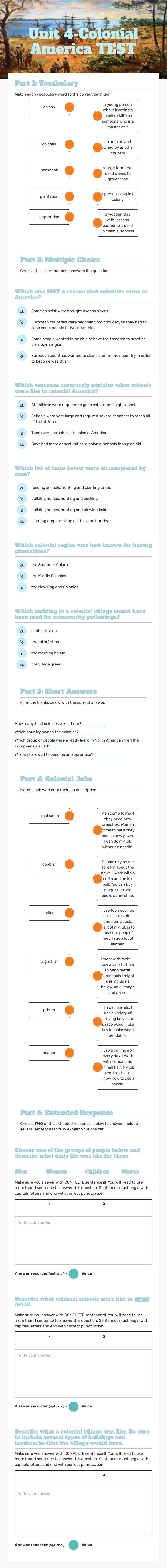 Unit 4-Colonial America TEST worksheet preview image