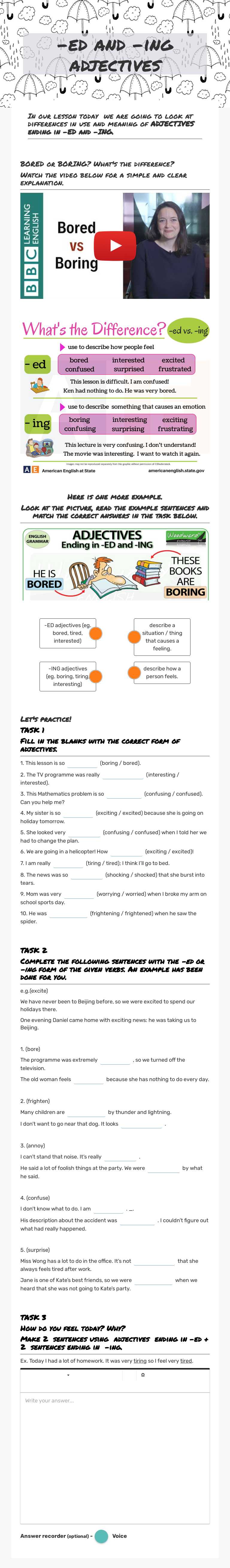 -ed and -ing adjectives worksheet preview image