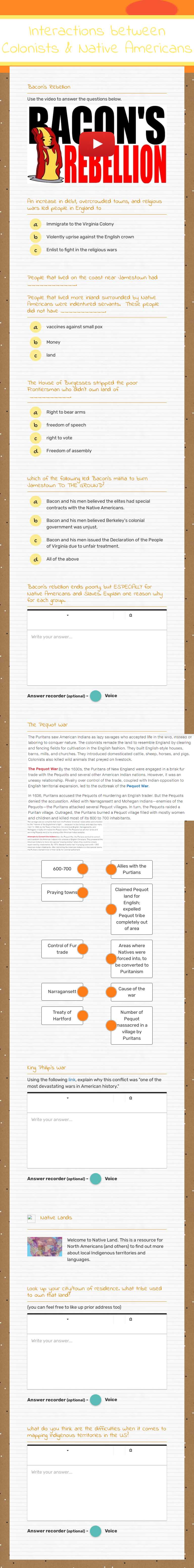 Interactions between Colonists & Native Americans Grade 11 worksheet preview