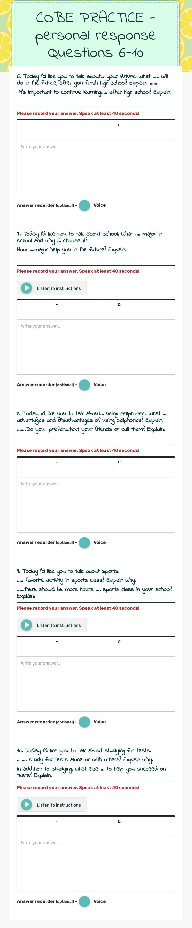 COBE PRACTICE -personal response Questions 6-10 worksheet preview image