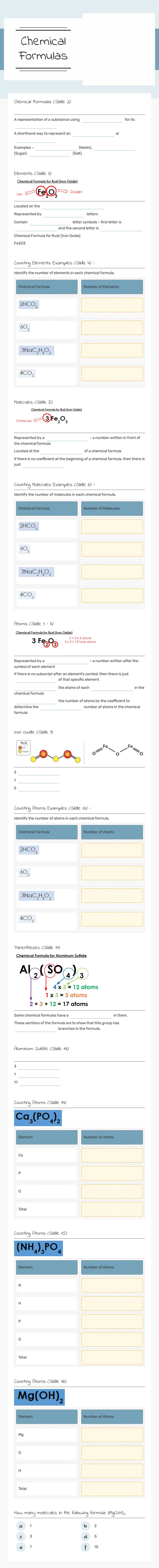 Chemical Formulas Grade 8 worksheet preview