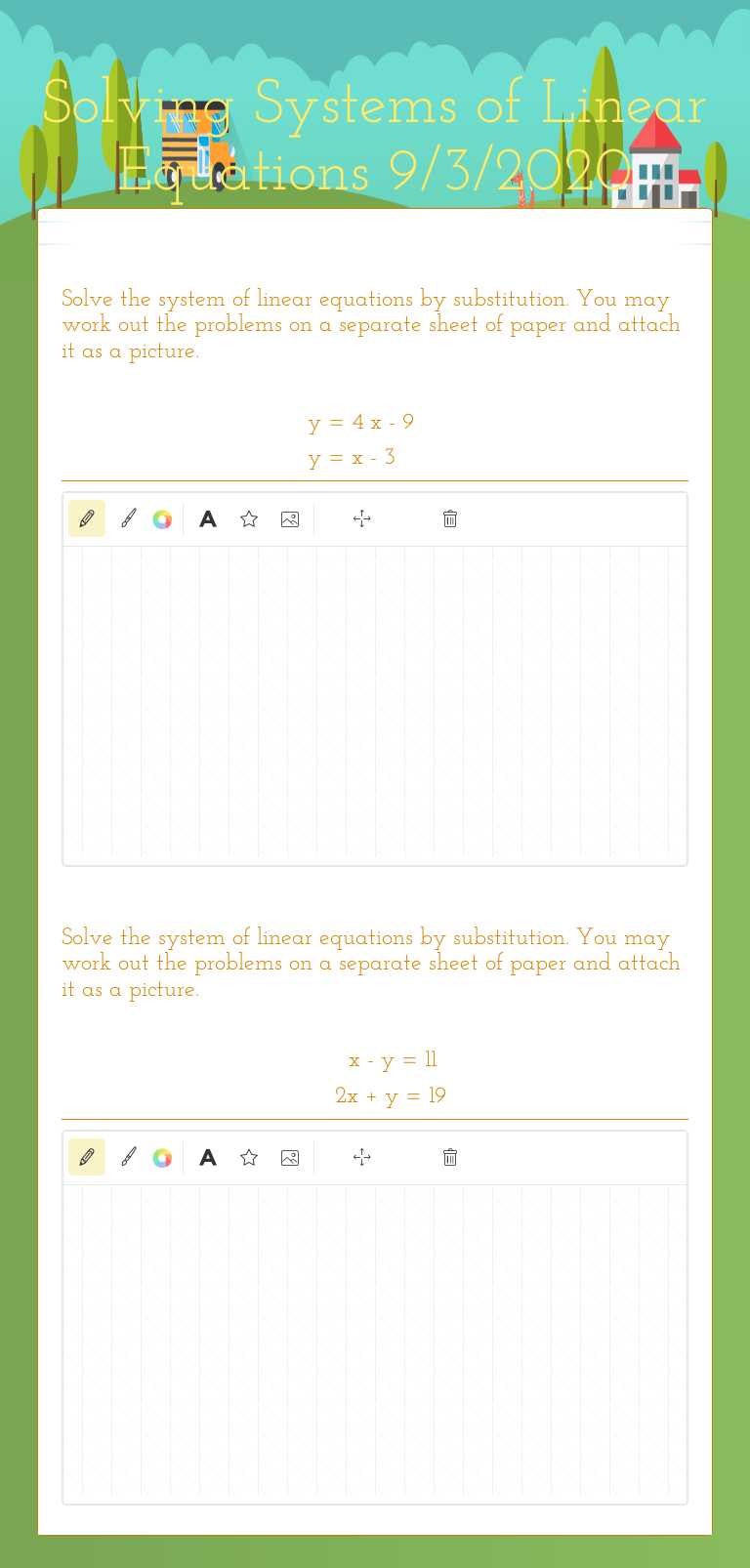 Solving Systems of Linear Equations 9/3/2020 worksheet preview image
