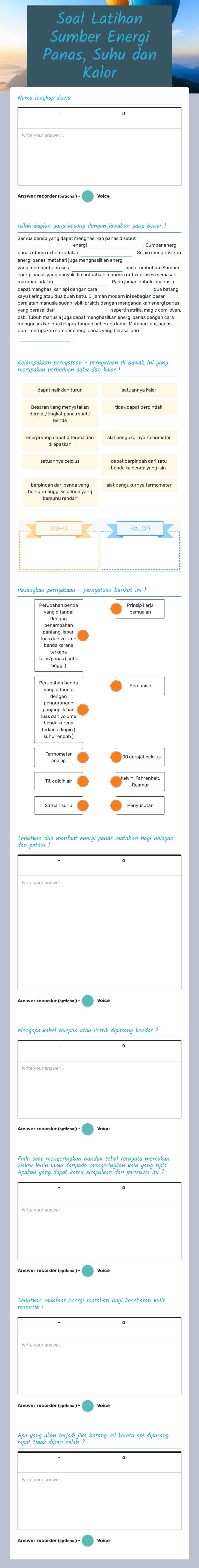 Soal Latihan Sumber Energi Panas, Suhu dan Kalor worksheet preview image