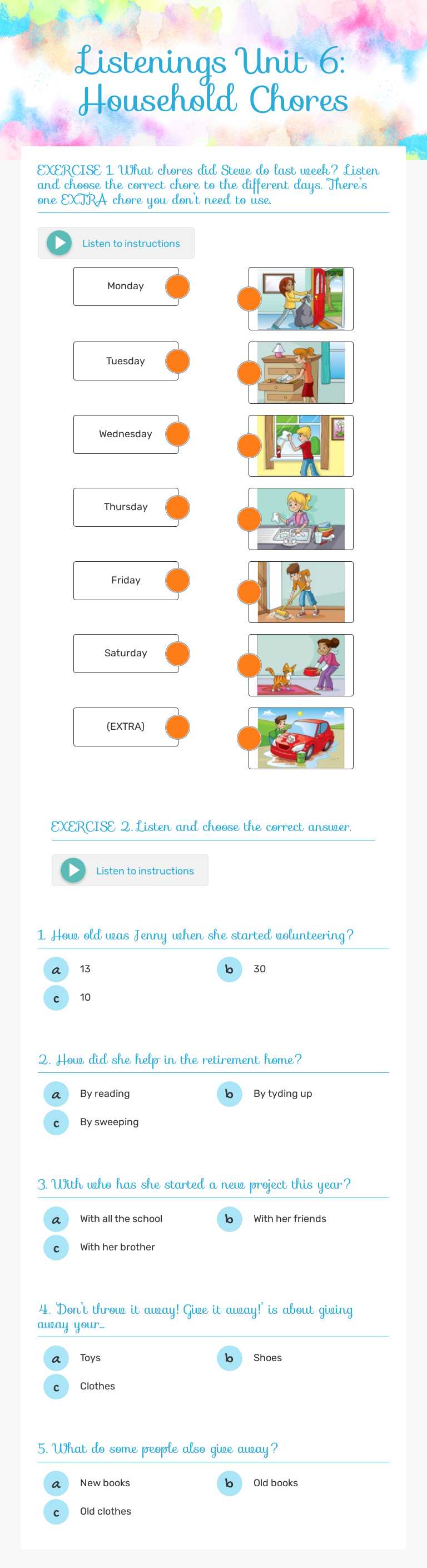 Listenings Unit 6: Household Chores worksheet preview image