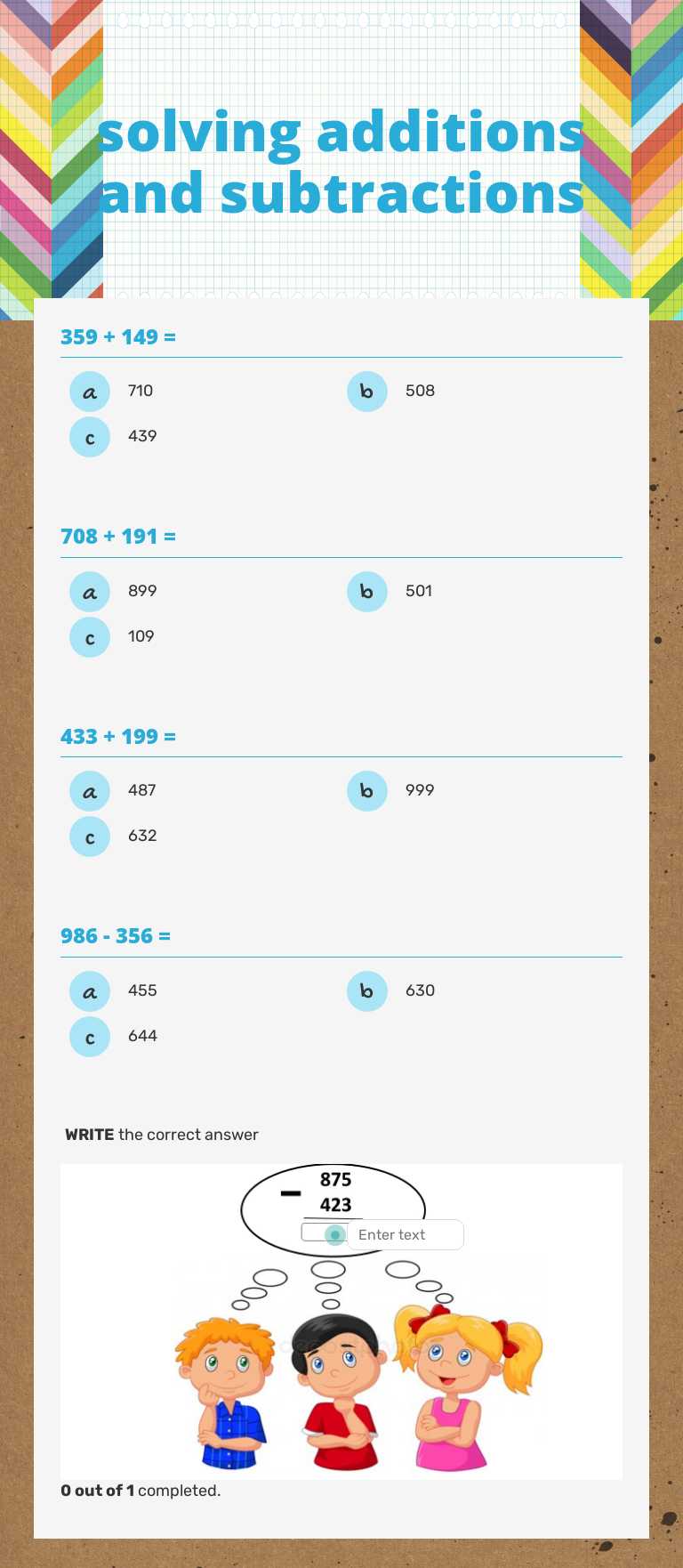 solving additions and subtractions worksheet preview image