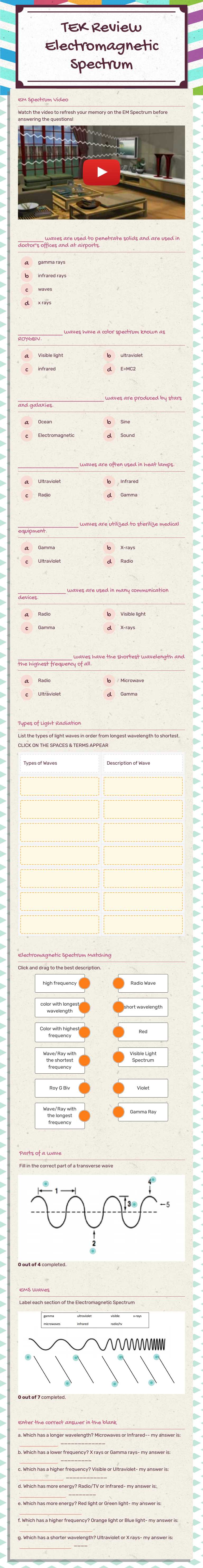 TEK Review Electromagnetic Spectrum worksheet preview image