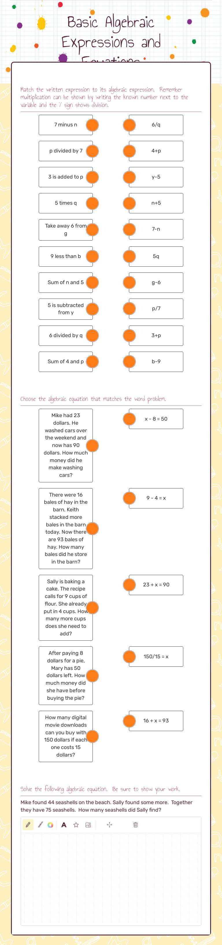 Basic Algebraic Expressions and Equations worksheet preview image