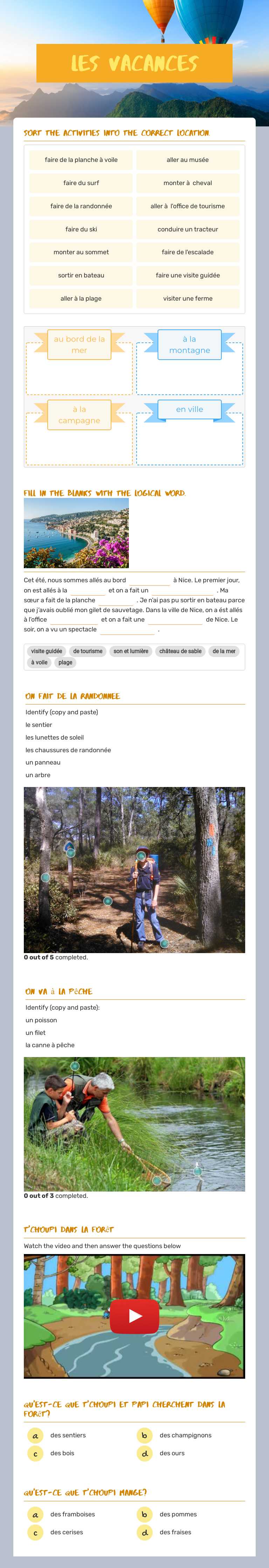 Les vacances Grade 10 worksheet preview