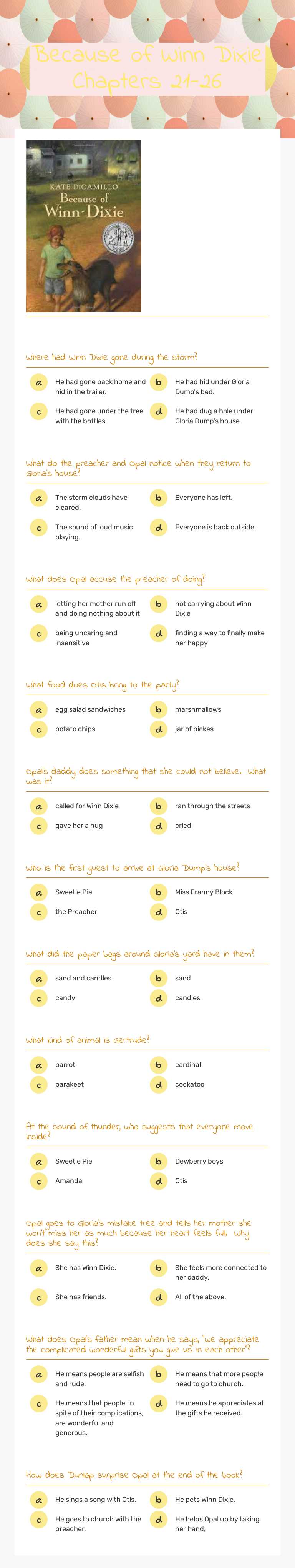 Because of Winn Dixie Chapters 21-26 worksheet preview image