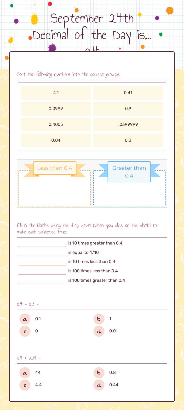 September 24th Decimal of the Day is... 0.4 Grade 6 worksheet preview