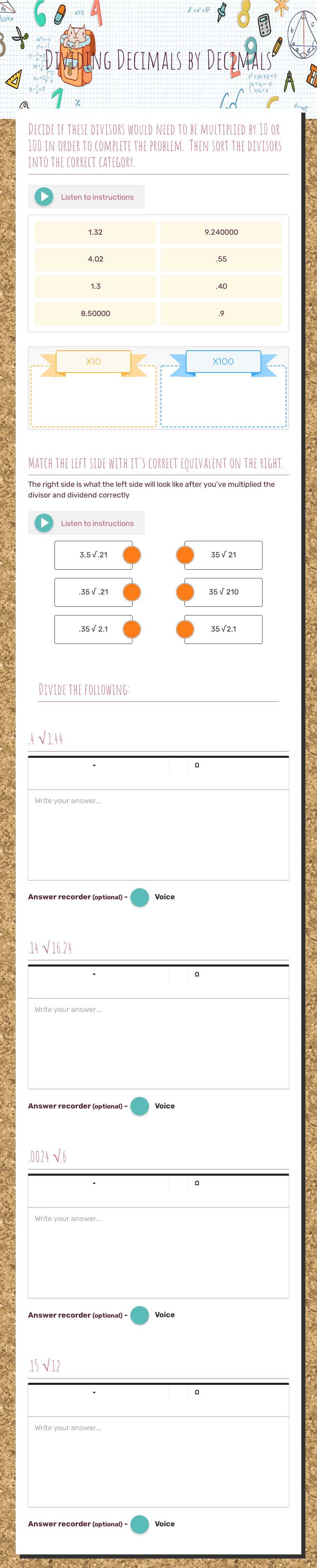 Dividing Decimals by Decimals worksheet preview image