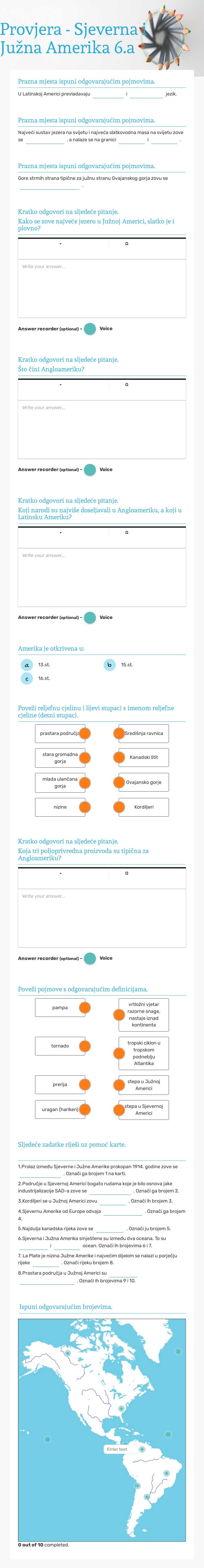 Provjera - Sjeverna i Južna Amerika 
6.a Grade 6 worksheet preview