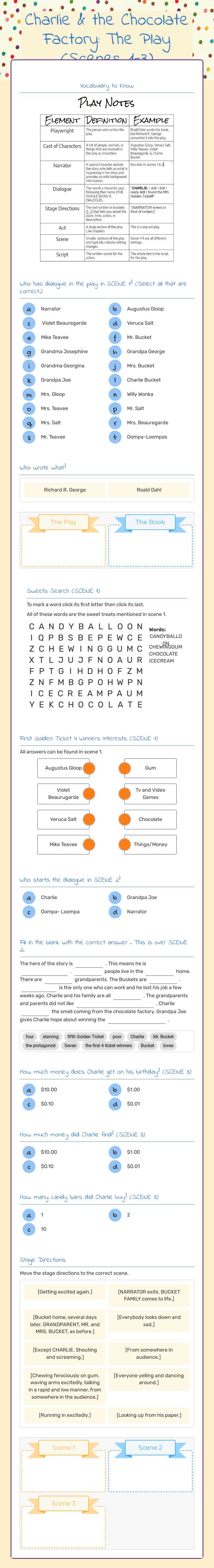 Charlie & the Chocolate Factory: The Play (Scenes 1-3) worksheet preview image