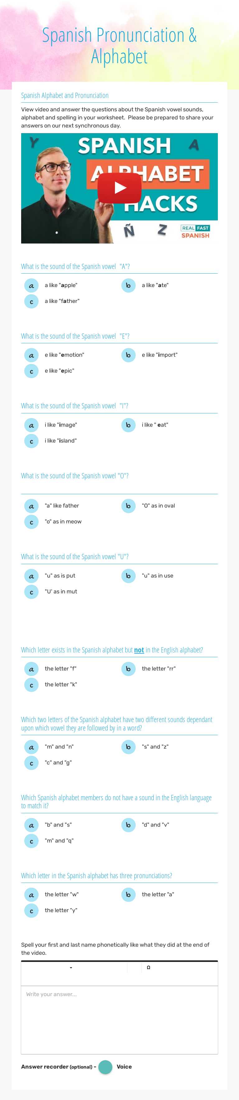 Spanish Pronunciation & Alphabet Grade 8 worksheet preview