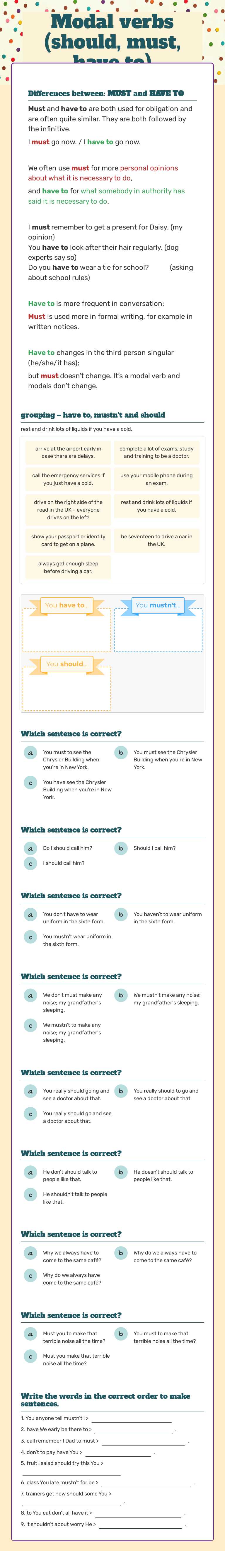 Modal verbs (should, must, have to) worksheet preview image