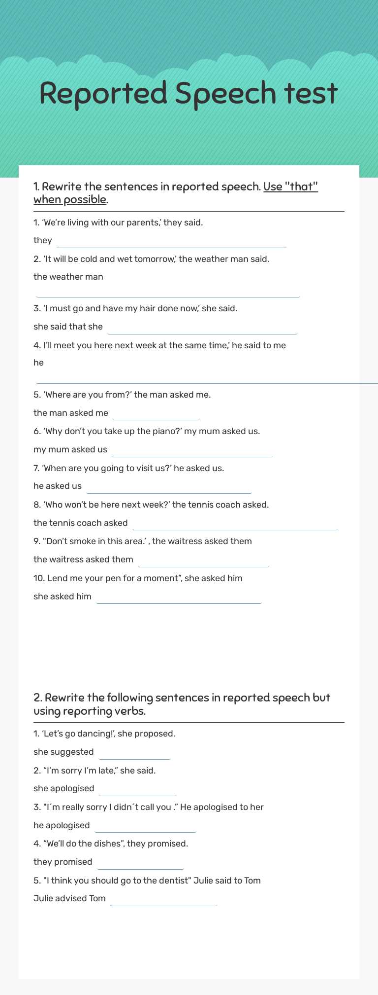 Reported Speech test worksheet preview image
