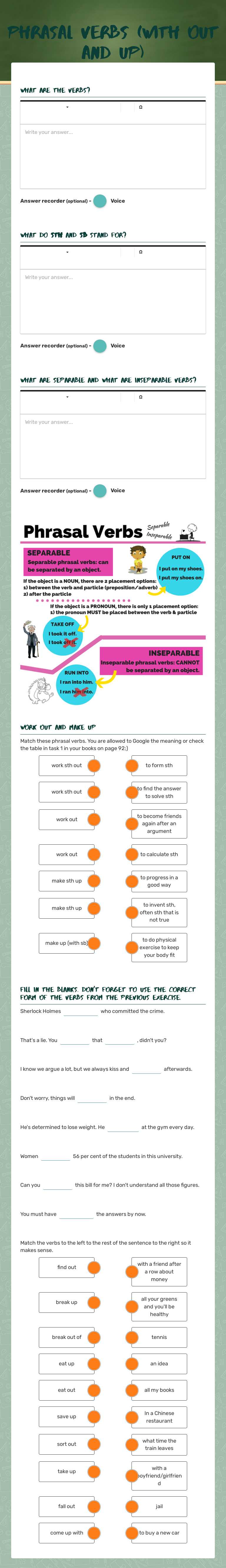 Phrasal verbs (with out and up) Grade 10 worksheet preview