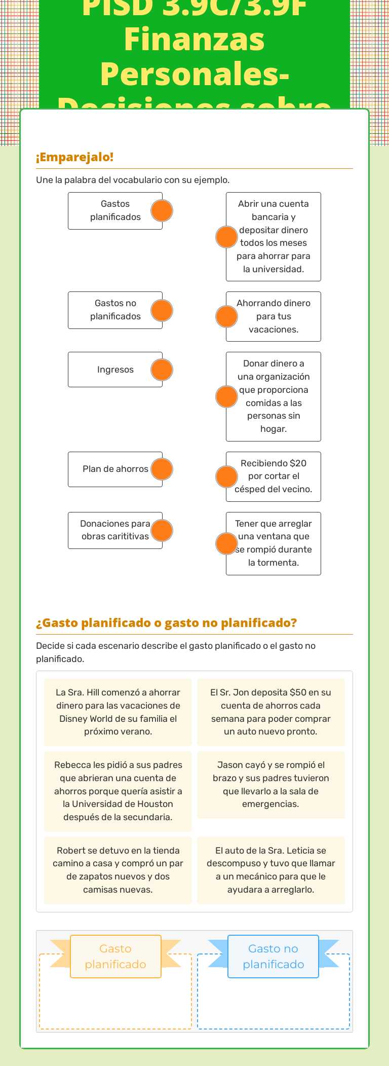 PISD 3.9C/3.9F Finanzas Personales-Decisiones sobre ingresos worksheet preview image