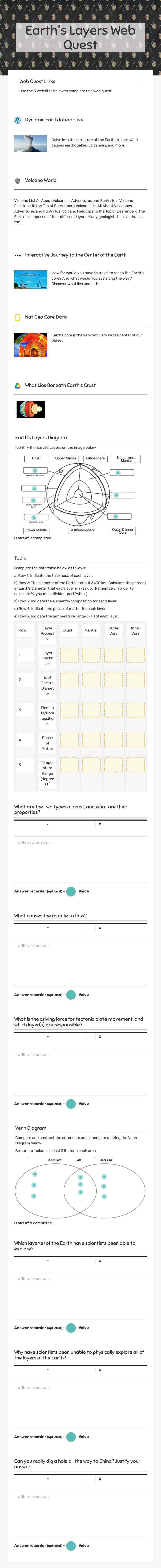 Earth's Layers Web Quest Grade 7 worksheet preview