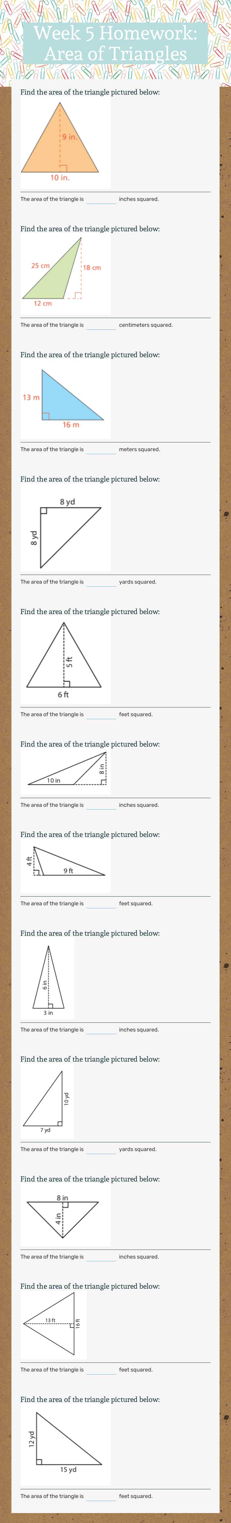 Week 5 Homework: Area of Triangles worksheet preview image