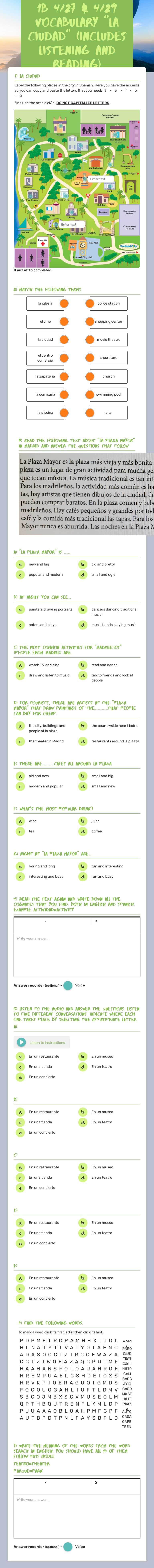 1B 4/27 & 4/29 Vocabulary "la ciudad" (includes listening and reading) worksheet preview image