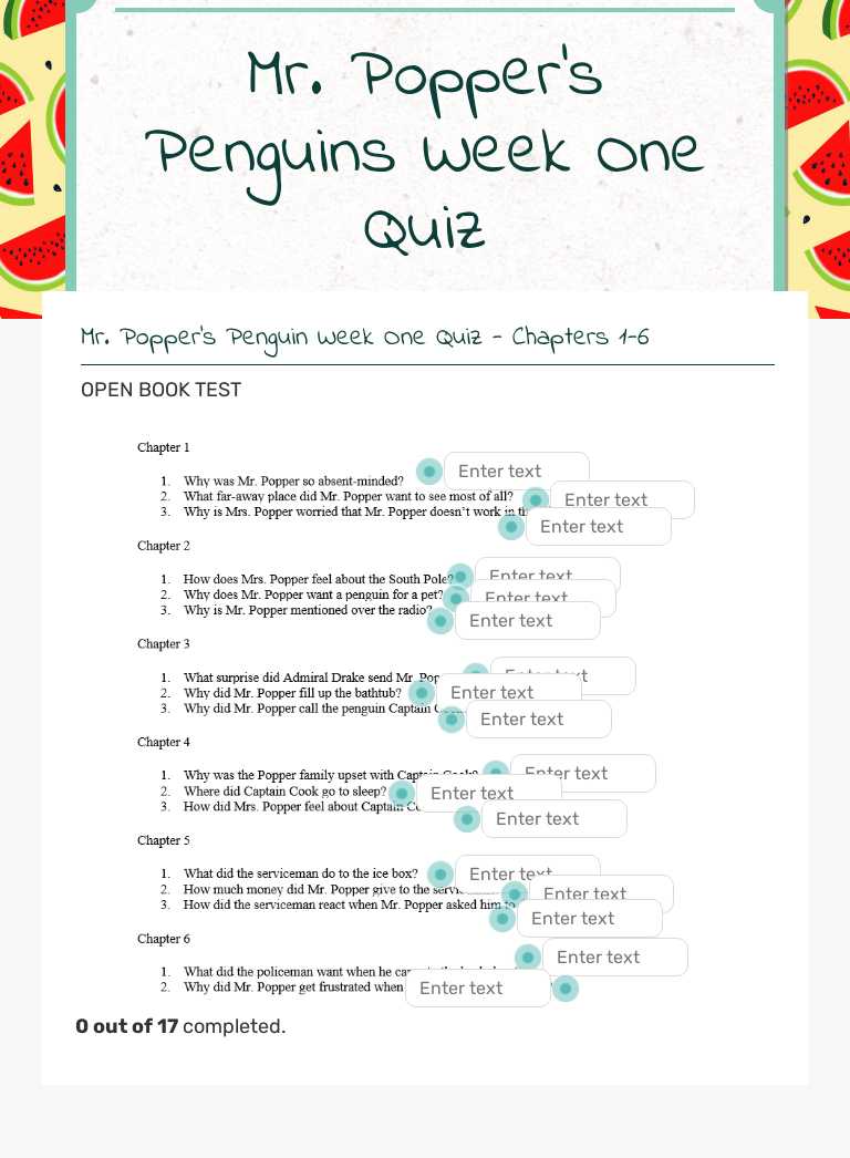 Mr. Popper's Penguins Week One Quiz worksheet preview image