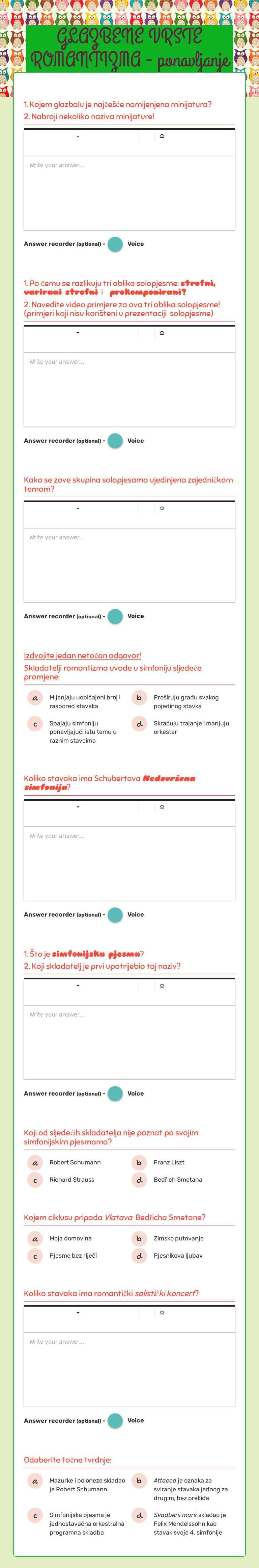 GLAZBENE VRSTE ROMANTIZMA - ponavljanje worksheet preview image