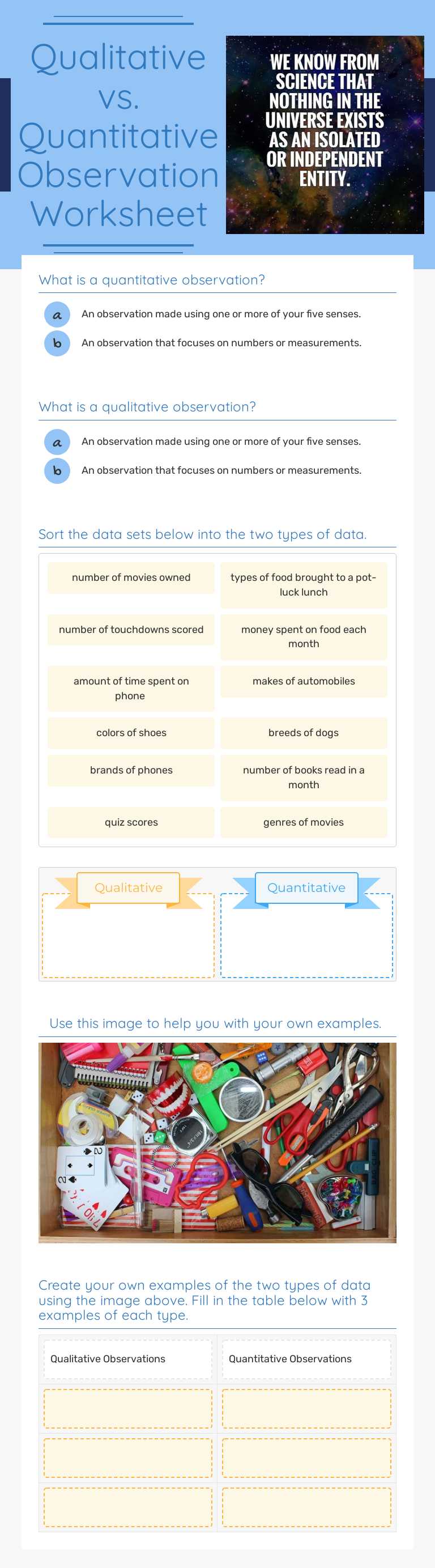 Qualitative vs. Quantitative Observation Worksheet Grade 6 worksheet preview