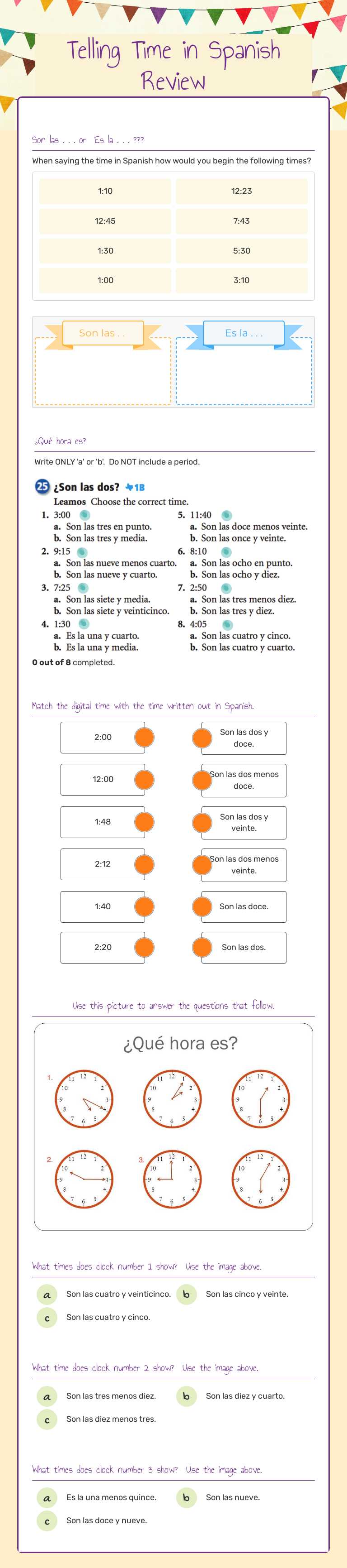 Telling Time in Spanish Review worksheet preview image
