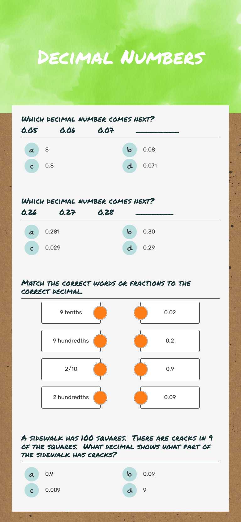 Decimal Numbers worksheet preview image