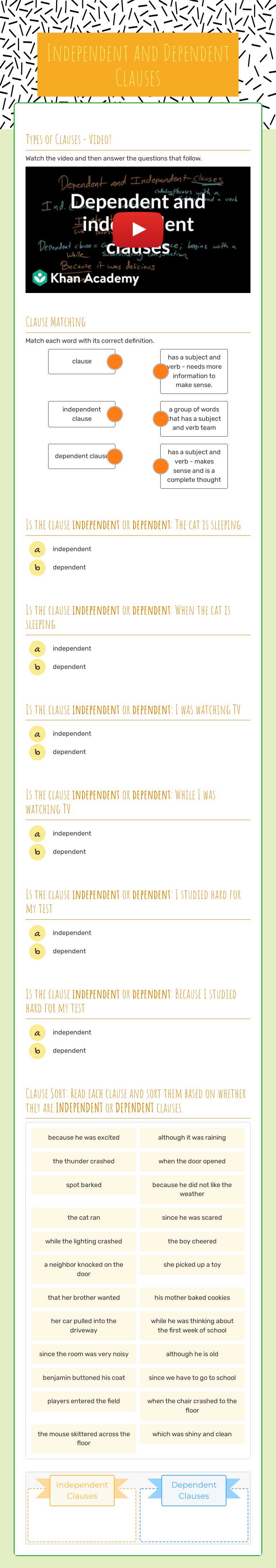 Independent and Dependent Clauses worksheet preview image