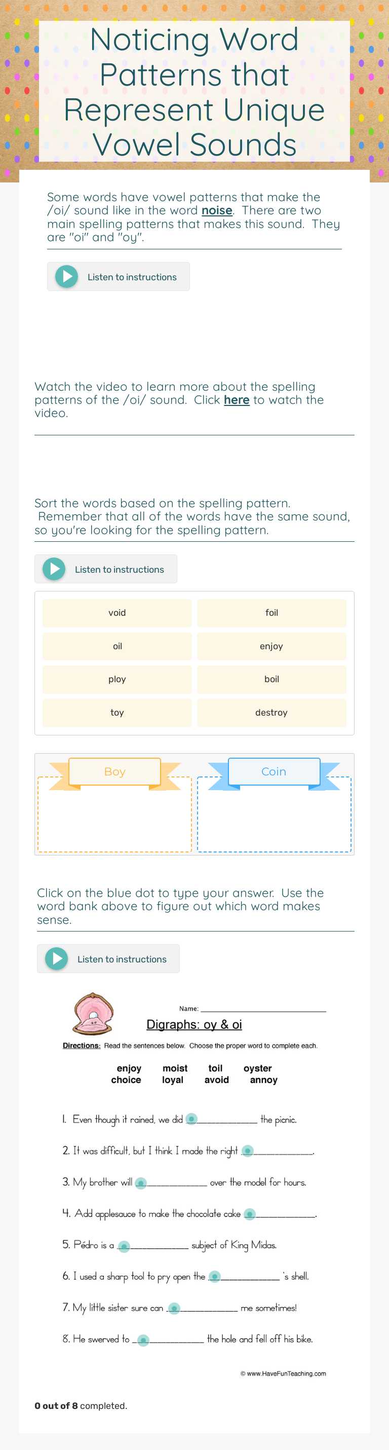 Noticing Word Patterns that Represent Unique Vowel Sounds worksheet preview image