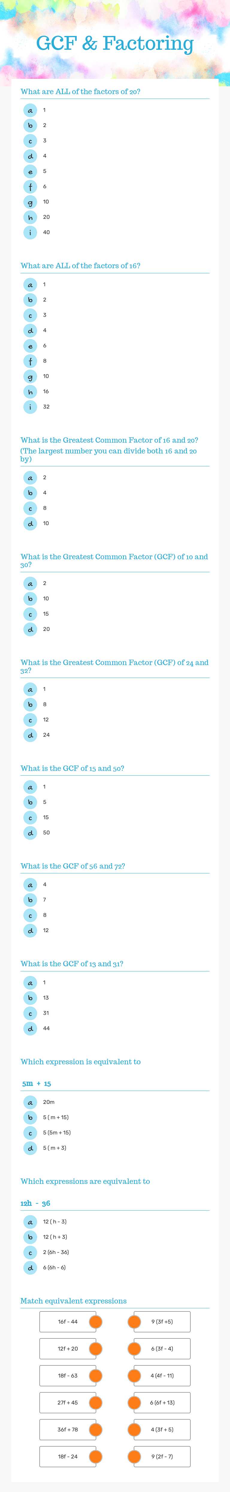 GCF & Factoring worksheet preview image