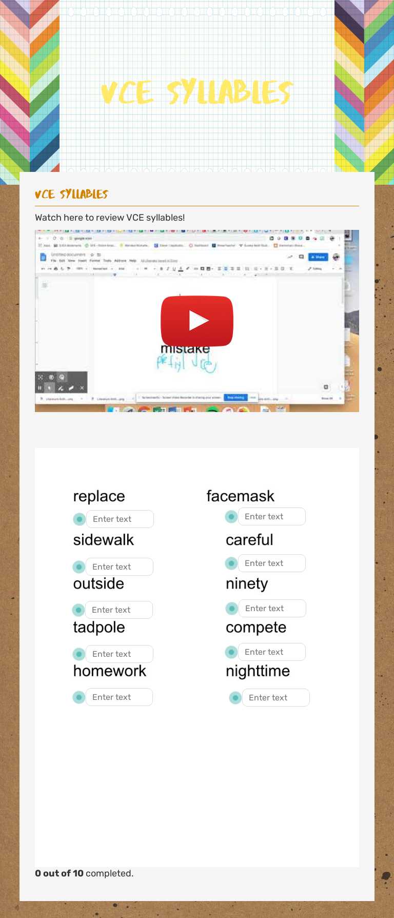 VCE Syllables worksheet preview image