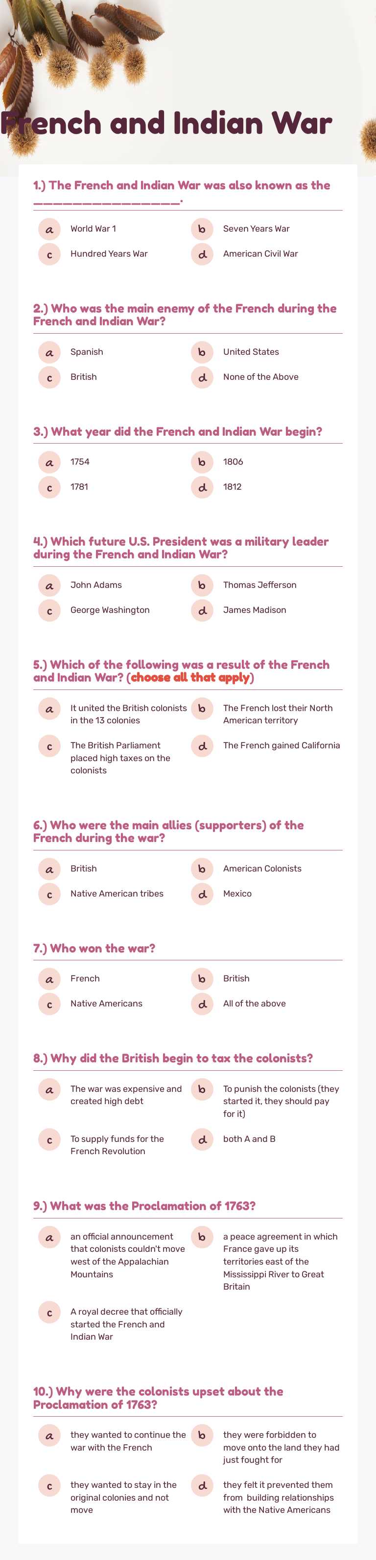 French and Indian War worksheet preview image