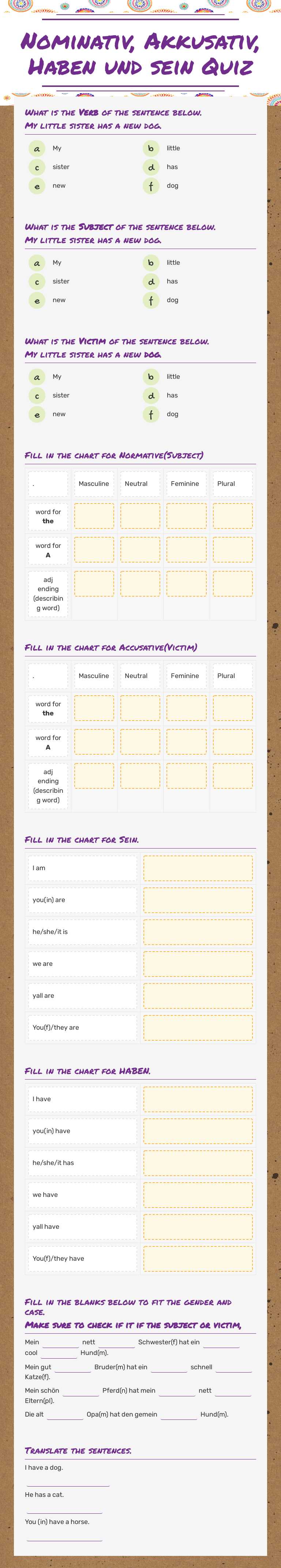 Nominativ, Akkusativ, Haben und sein Quiz worksheet preview image