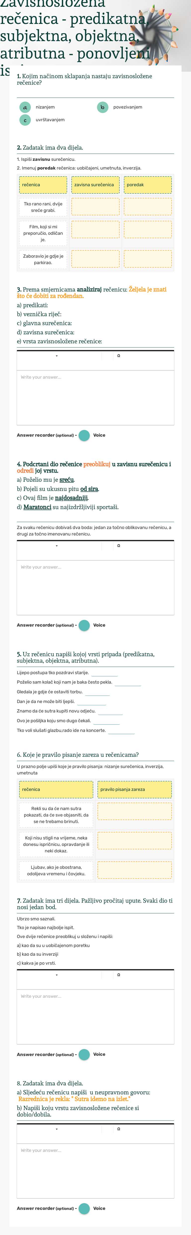 Zavisnosložena rečenica - predikatna, subjektna, objektna, atributna - ponovljeni ispit worksheet preview image